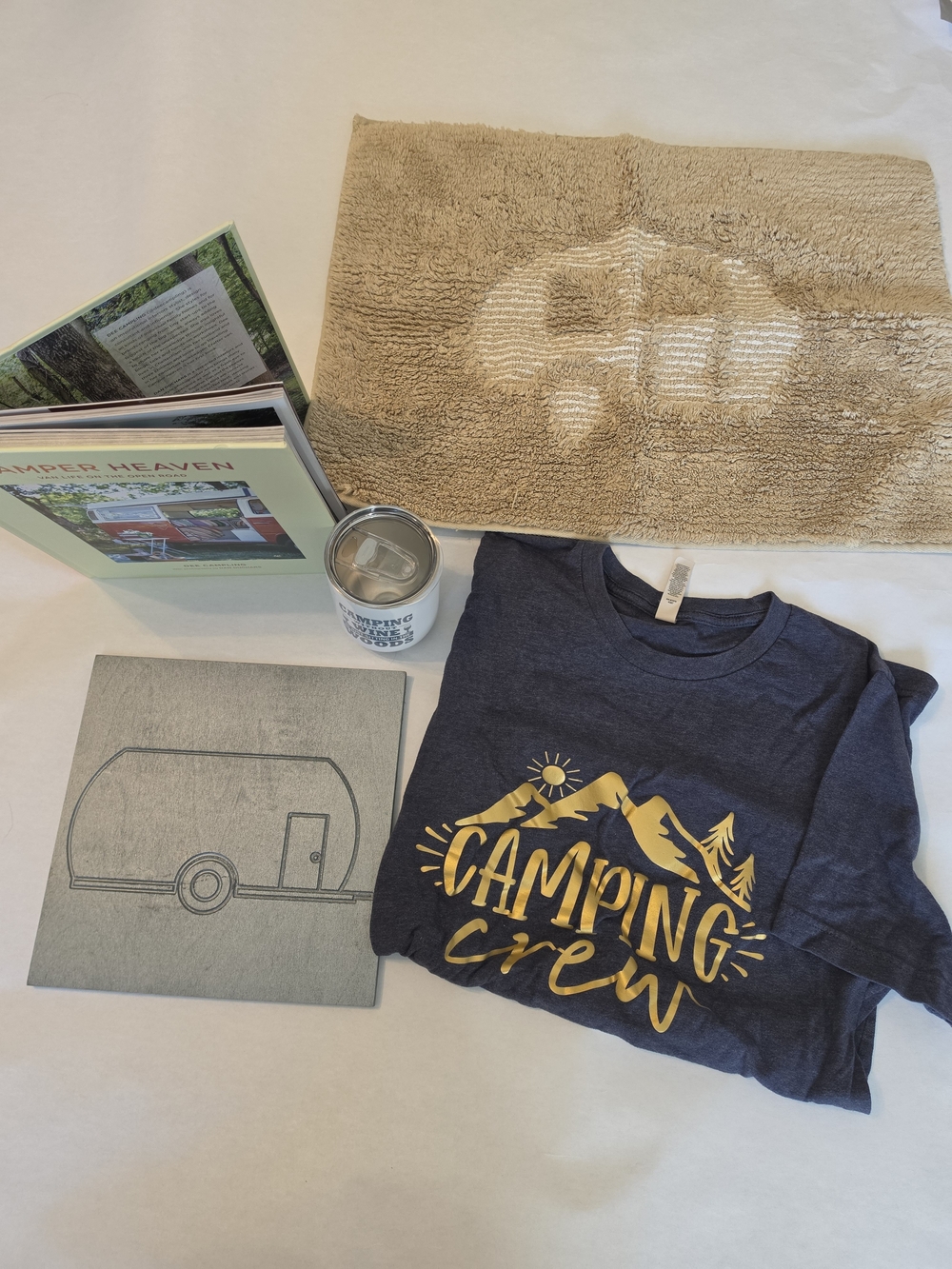 Camper Starter Kit Includes T-shirt, Mat, Sign, Book And Wine Tumbler